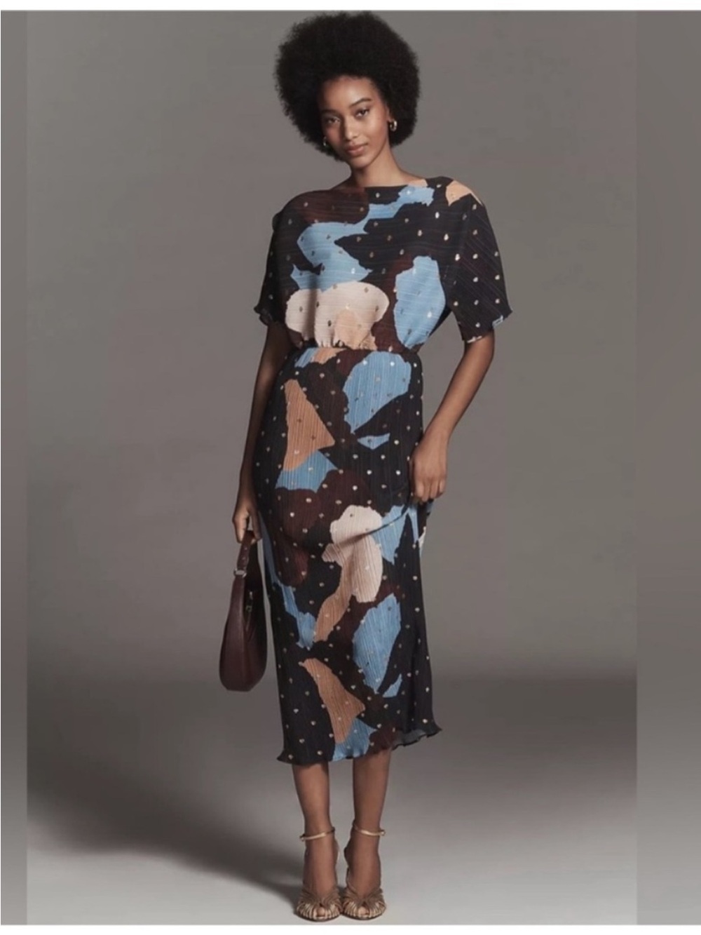 Never Fully Dressed Black Midi Dress with Blue and Brown Abstract Panels